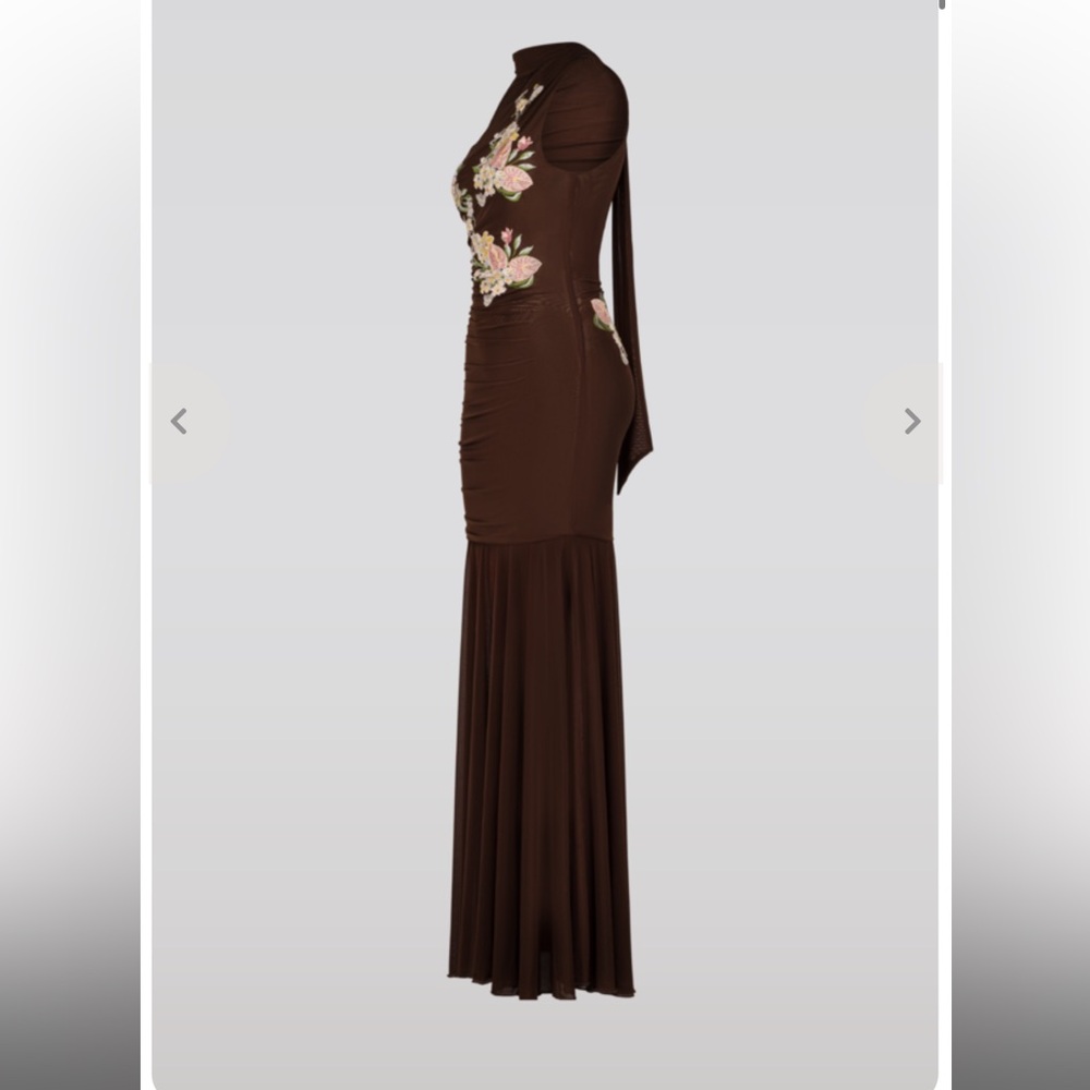 Anthropologie SAEMDI chocolate brown embroidered floral w neck scarf maxi large - Picture 8 of 16